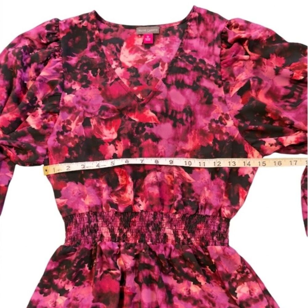 Vince Camuto Floral Smocked Waist Peplum Top Fuchsia Black Balloon Sleeve S EUC - Picture 2 of 4